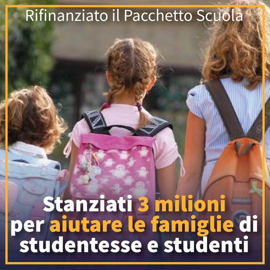 STANZIATI 3 MILIONI PER AIUTARE LE FAMIGLIE DI STUDENTESSE E STUDENTI